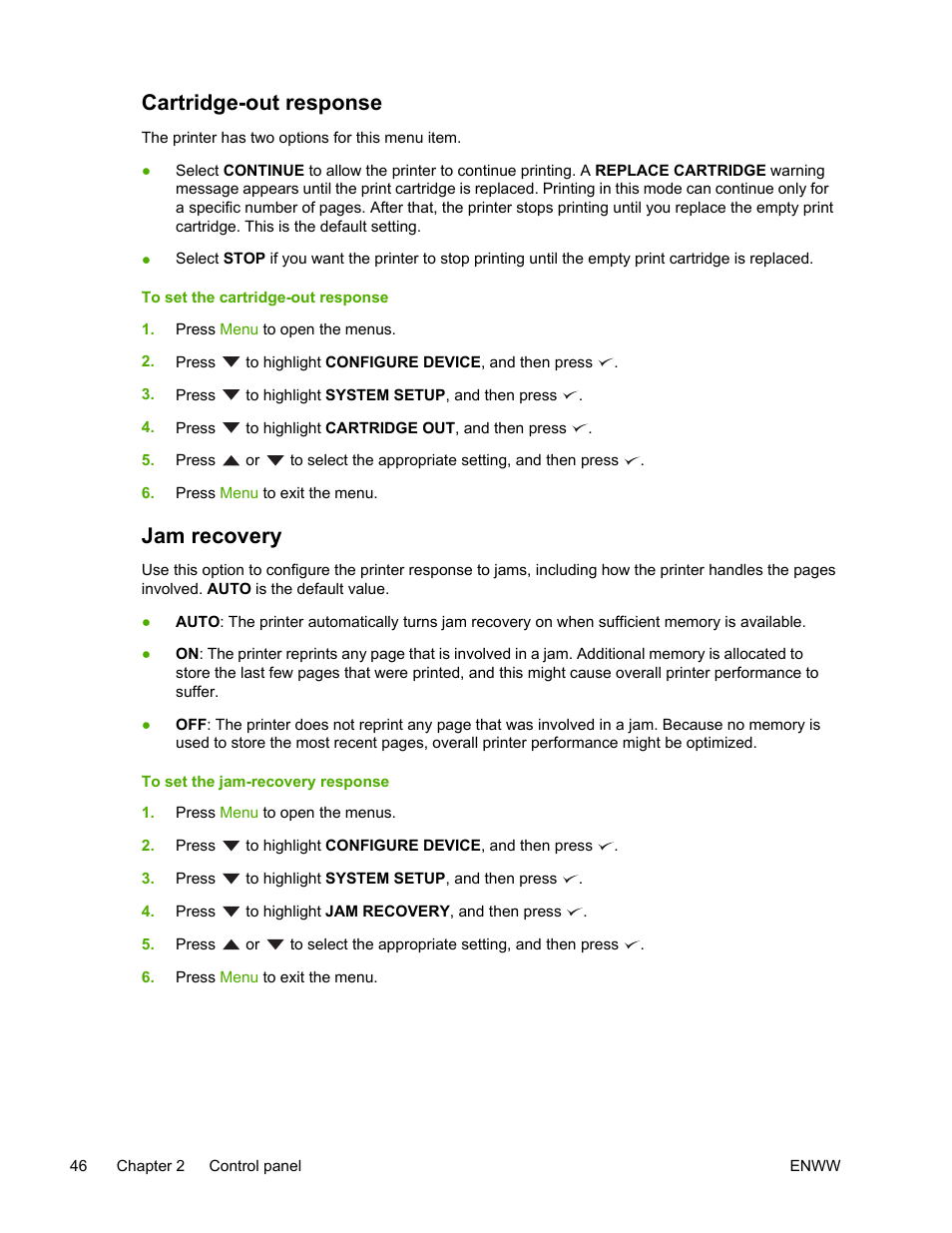 Cartridge-out response, Jam recovery, Cartridge-out response jam recovery | HP LaserJet 5200 Printer series User Manual | Page 60 / 248