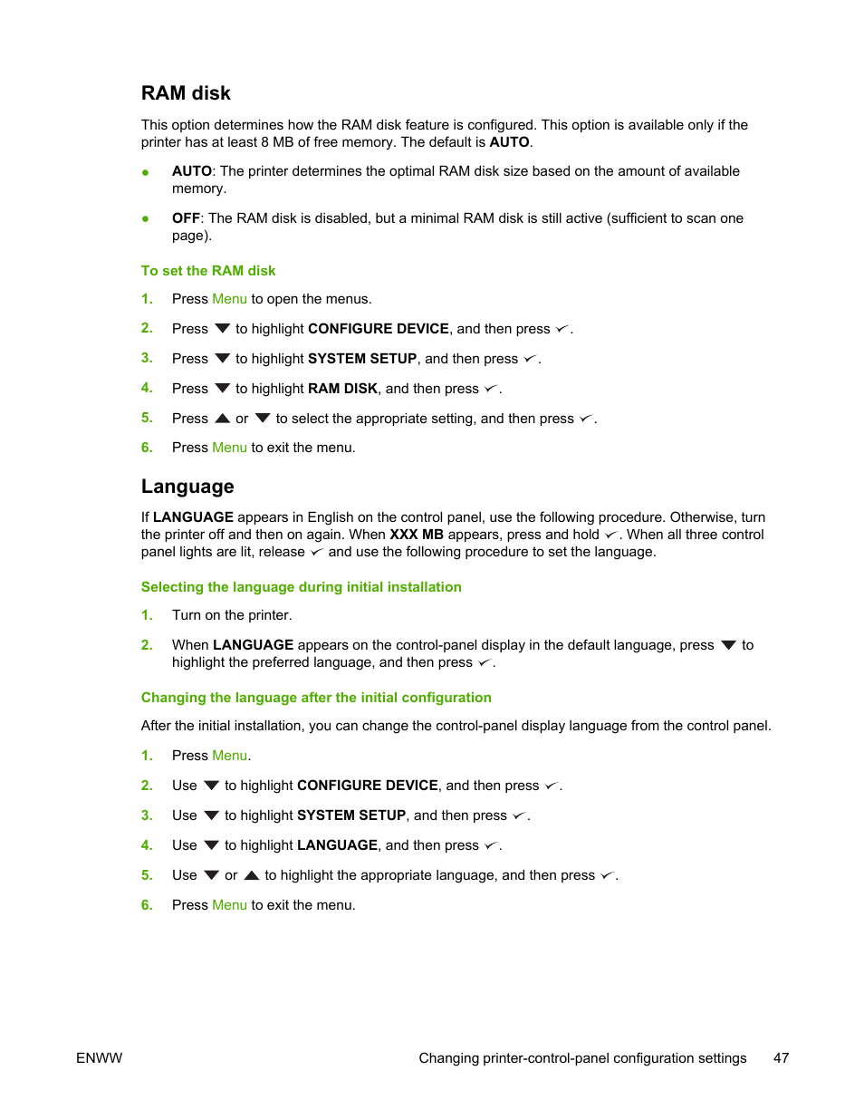 Ram disk, Language, Ram disk language | HP LaserJet 5200 Printer series User Manual | Page 61 / 248