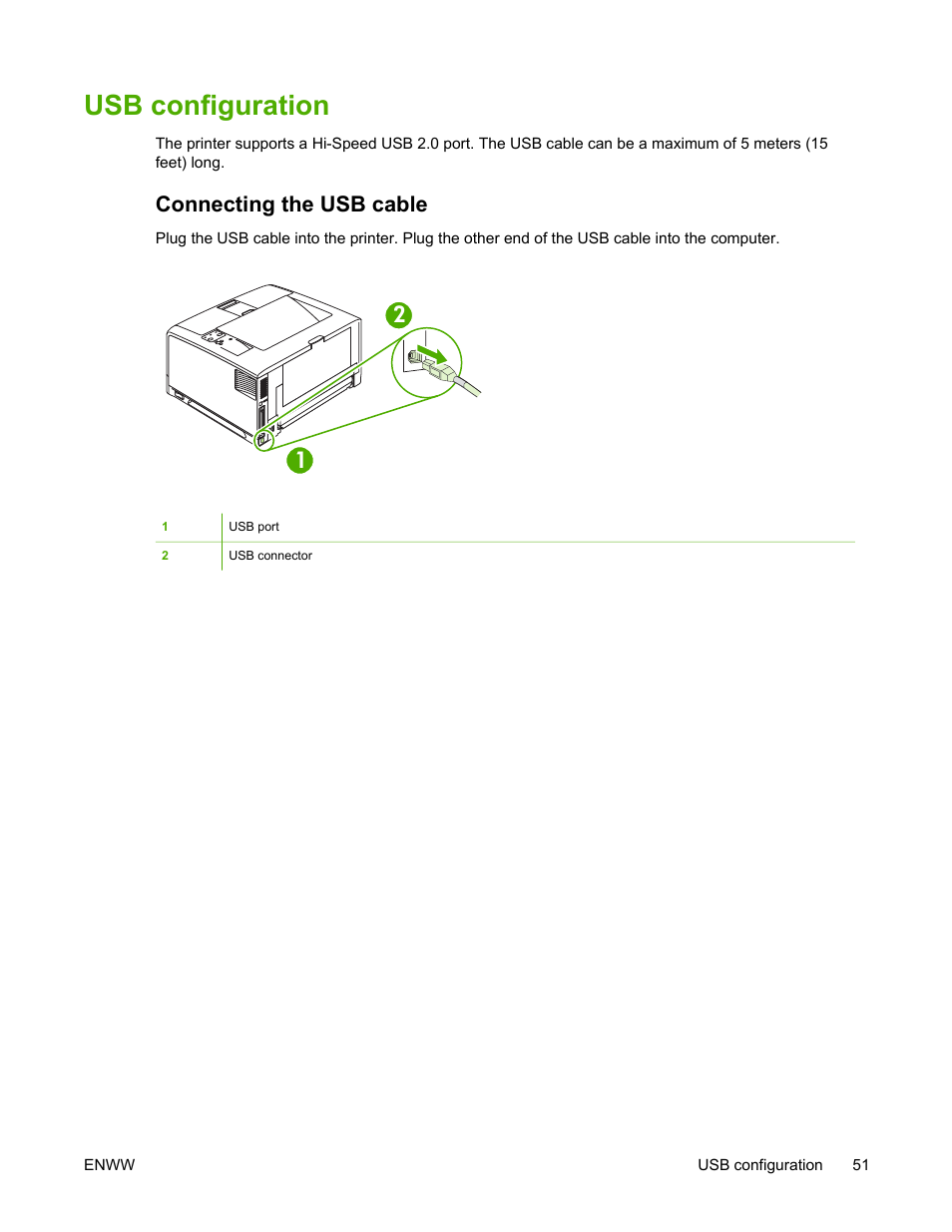 Usb configuration, Connecting the usb cable | HP LaserJet 5200 Printer series User Manual | Page 65 / 248