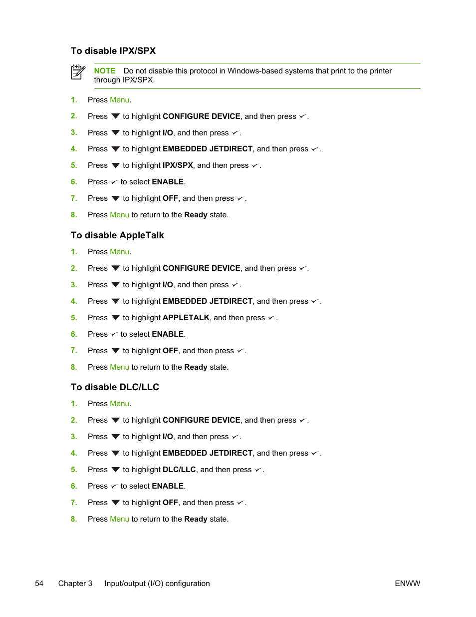 To disable ipx/spx, To disable appletalk, To disable dlc/llc | HP LaserJet 5200 Printer series User Manual | Page 68 / 248