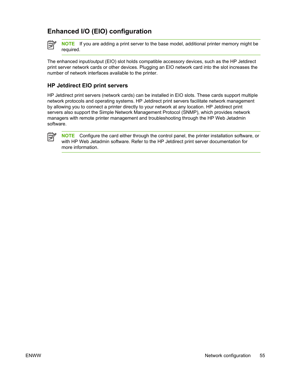 Enhanced i/o (eio) configuration, Hp jetdirect eio print servers | HP LaserJet 5200 Printer series User Manual | Page 69 / 248