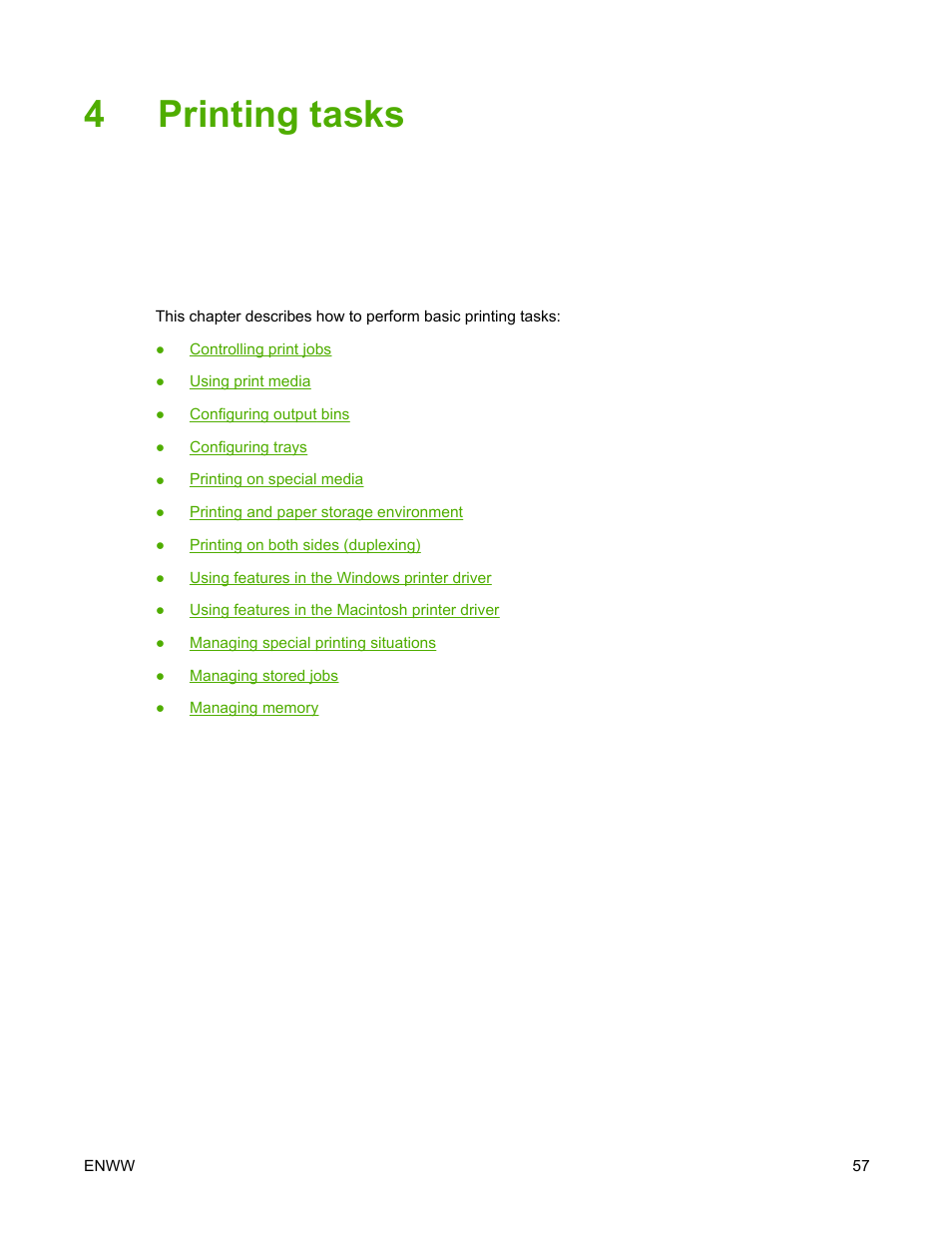 Printing tasks, 4 printing tasks, 4printing tasks | HP LaserJet 5200 Printer series User Manual | Page 71 / 248