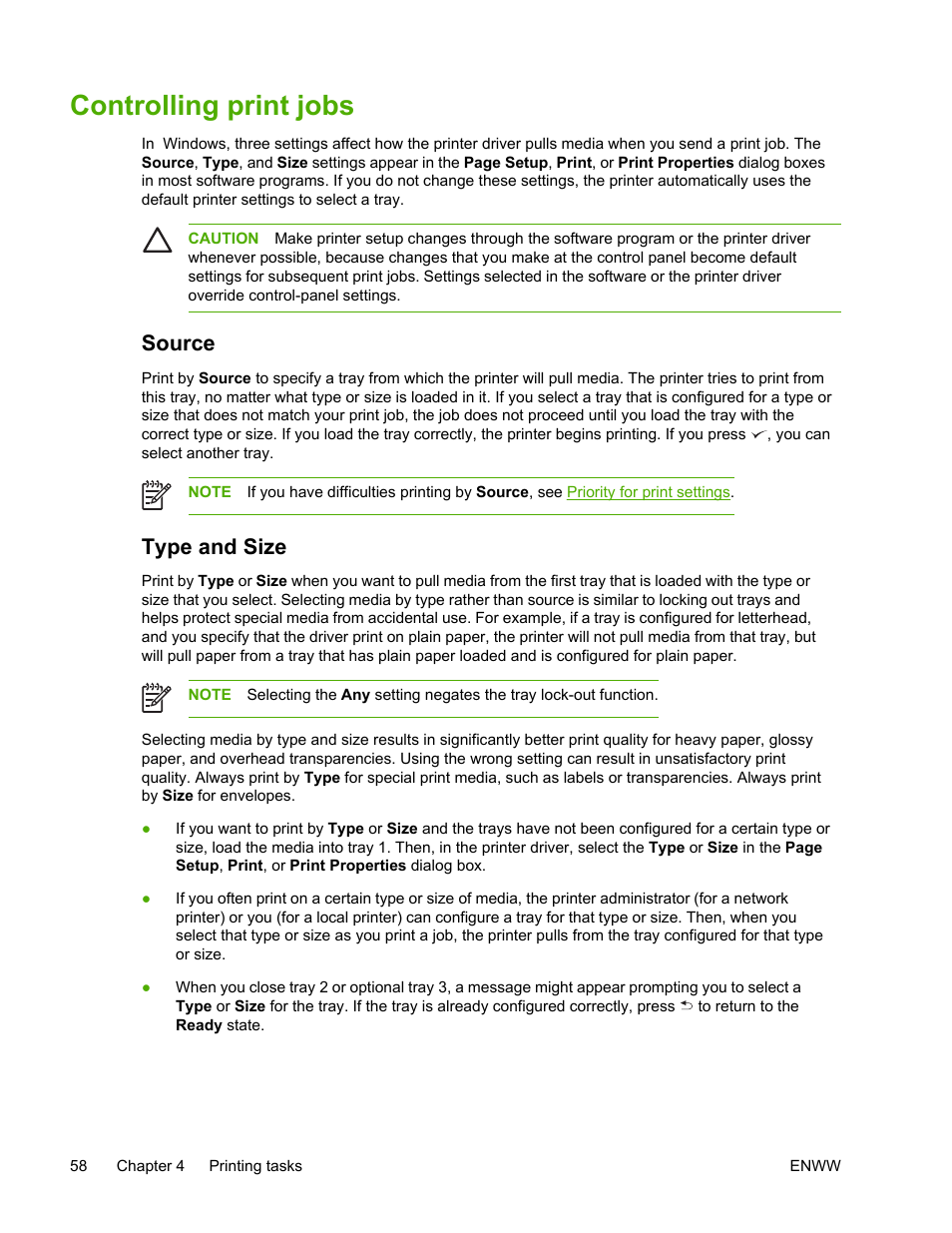 Controlling print jobs, Source, Type and size | Source type and size | HP LaserJet 5200 Printer series User Manual | Page 72 / 248