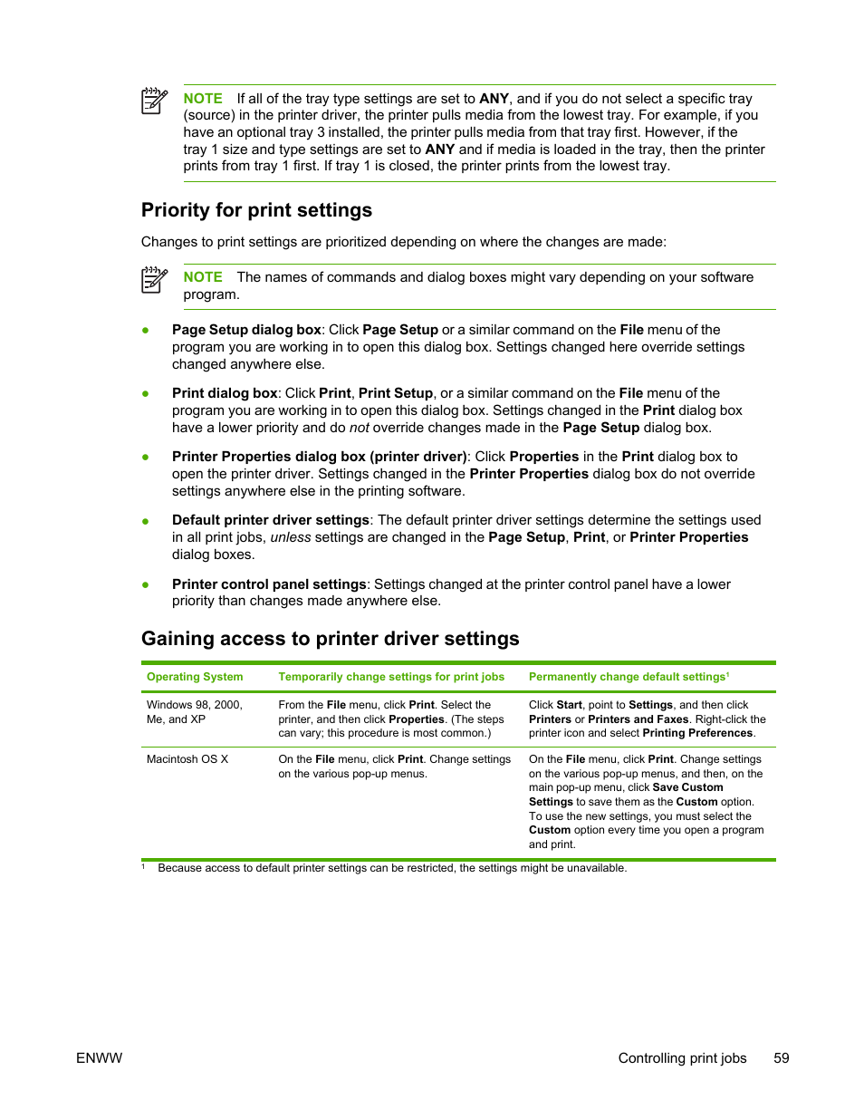 Priority for print settings, Gaining access to printer driver settings | HP LaserJet 5200 Printer series User Manual | Page 73 / 248