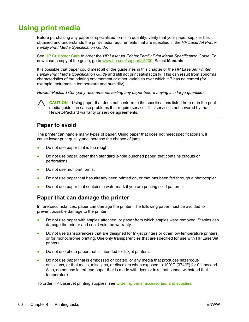 Using print media, Paper to avoid, Paper that can damage the printer | Paper to avoid paper that can damage the printer | HP LaserJet 5200 Printer series User Manual | Page 74 / 248
