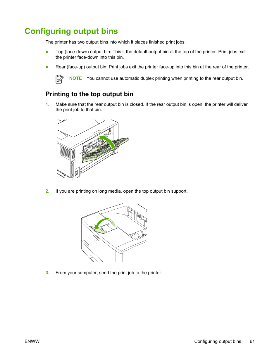 Configuring output bins, Printing to the top output bin | HP LaserJet 5200 Printer series User Manual | Page 75 / 248