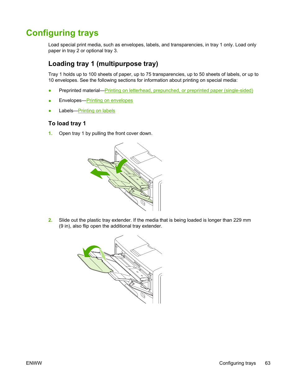 Configuring trays, Loading tray 1 (multipurpose tray), To load tray 1 | HP LaserJet 5200 Printer series User Manual | Page 77 / 248