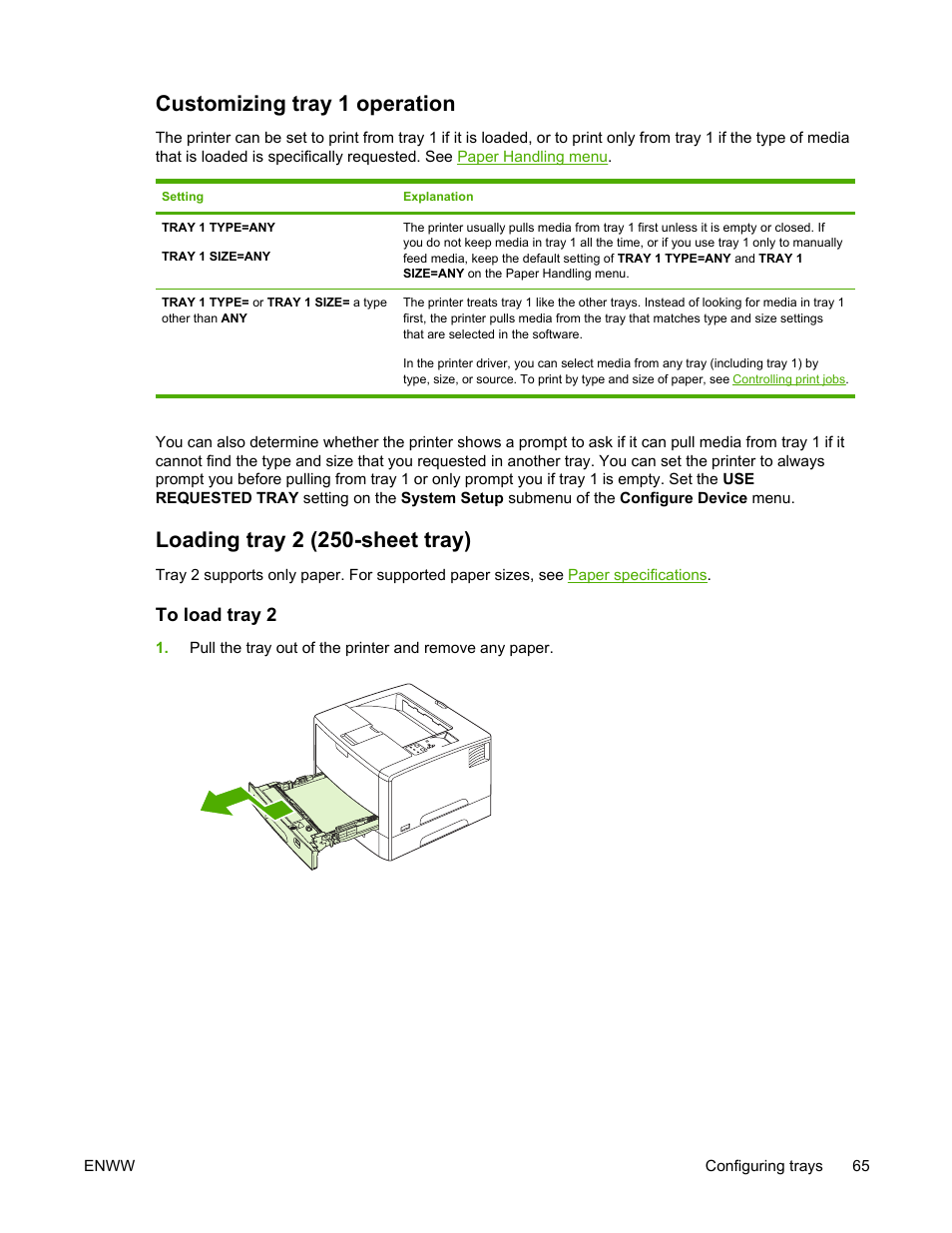 Customizing tray 1 operation, Loading tray 2 (250-sheet tray), To load tray 2 | HP LaserJet 5200 Printer series User Manual | Page 79 / 248