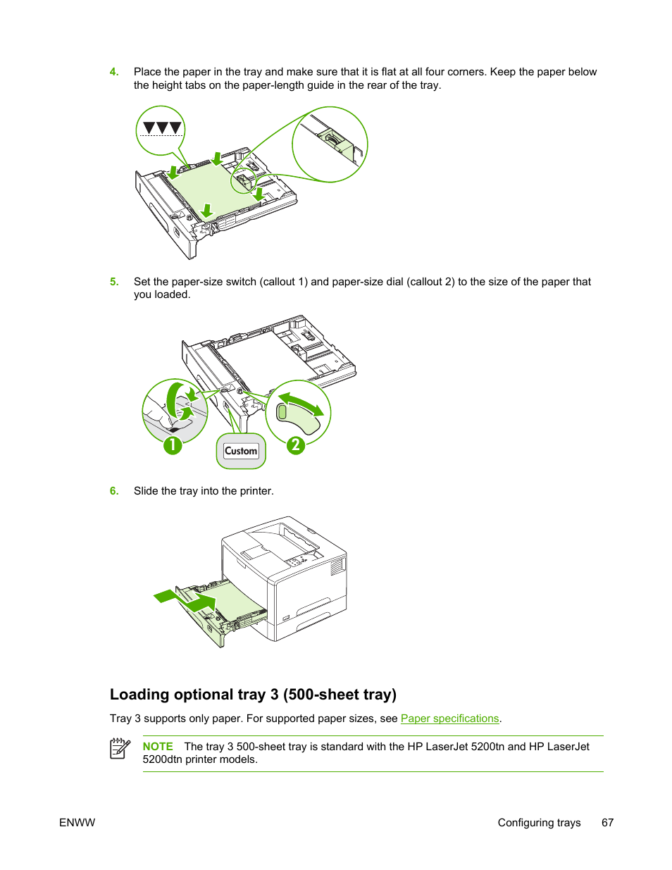 Loading optional tray 3 (500-sheet tray) | HP LaserJet 5200 Printer series User Manual | Page 81 / 248