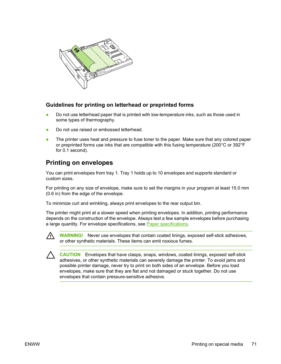 Printing on envelopes | HP LaserJet 5200 Printer series User Manual | Page 85 / 248