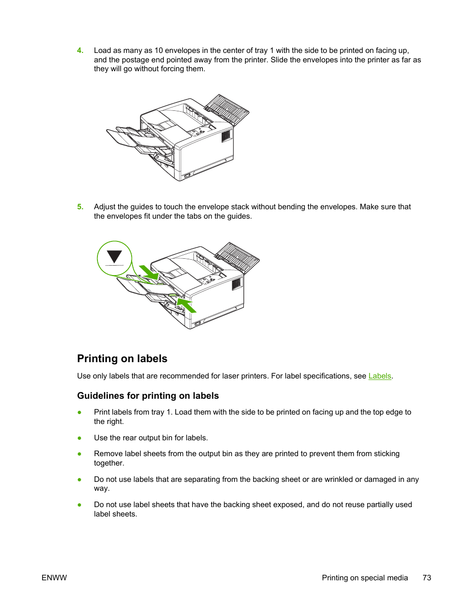 Printing on labels, Guidelines for printing on labels, Labels | HP LaserJet 5200 Printer series User Manual | Page 87 / 248