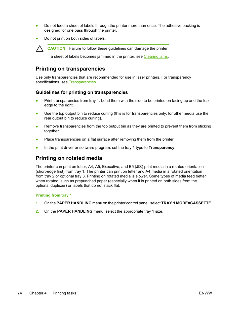 Printing on transparencies, Guidelines for printing on transparencies, Printing on rotated media | Printing, On rotated media | HP LaserJet 5200 Printer series User Manual | Page 88 / 248