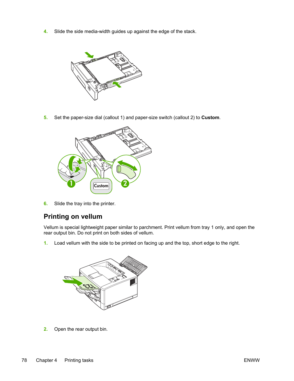 Printing on vellum | HP LaserJet 5200 Printer series User Manual | Page 92 / 248
