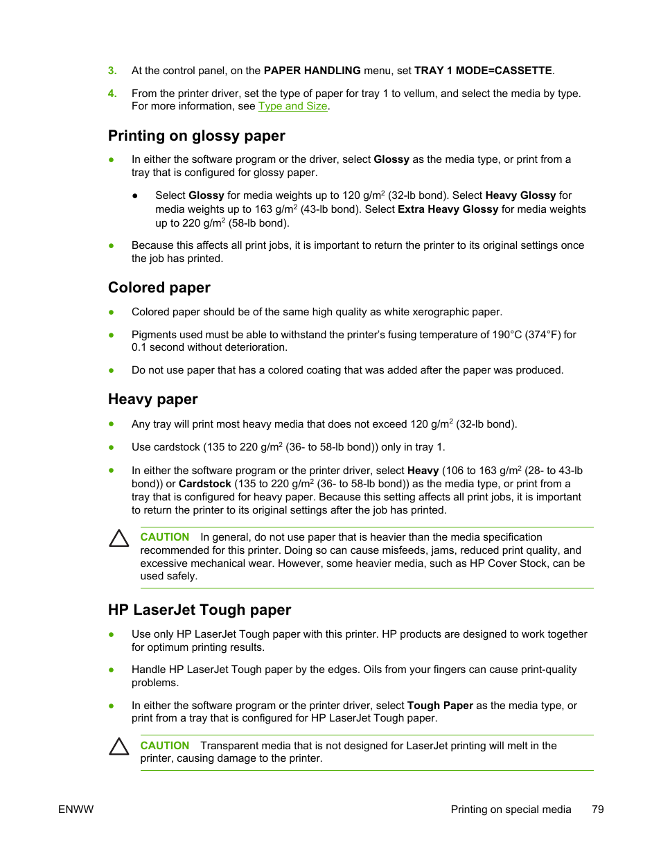 Printing on glossy paper, Colored paper, Heavy paper | Hp laserjet tough paper | HP LaserJet 5200 Printer series User Manual | Page 93 / 248
