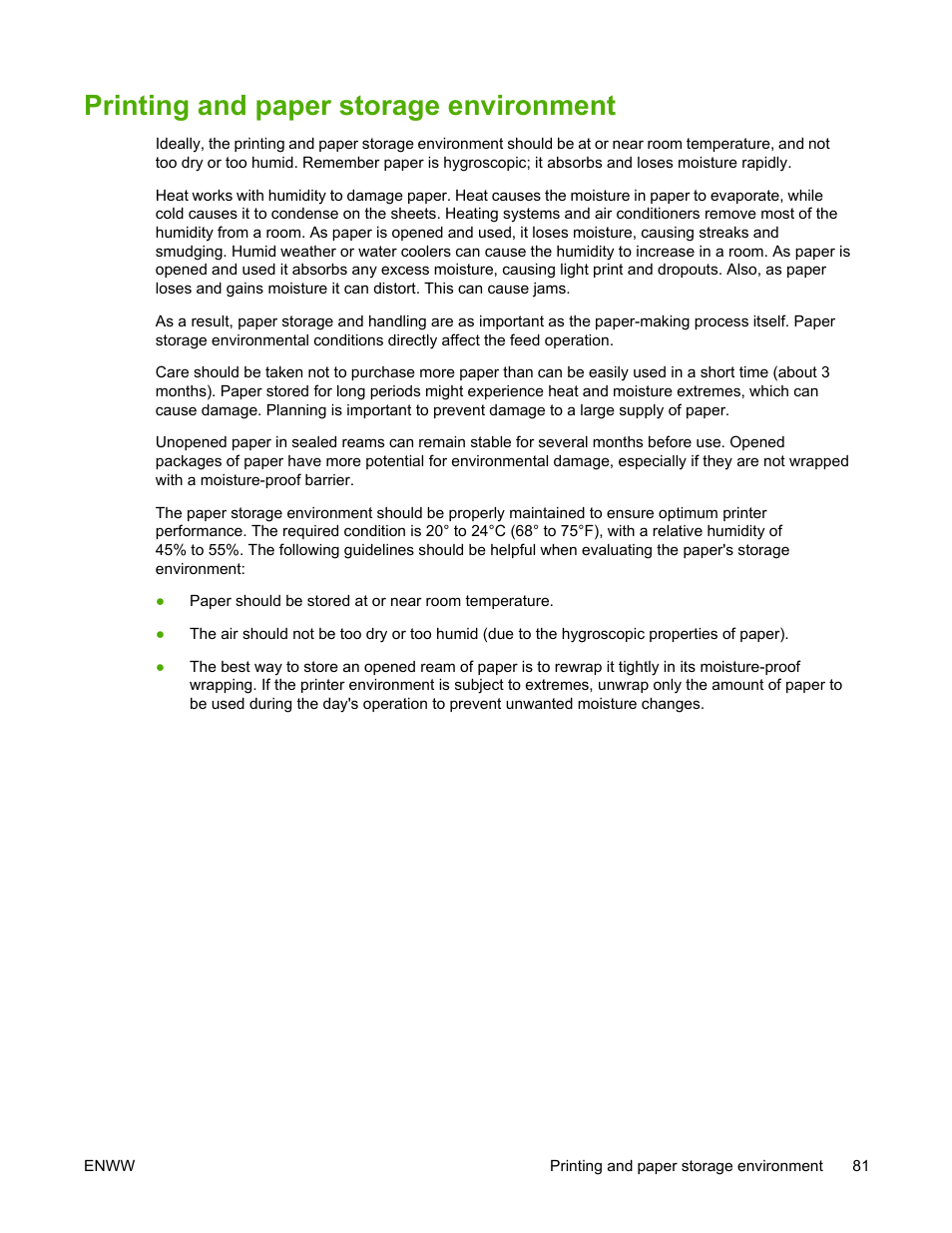 Printing and paper storage environment | HP LaserJet 5200 Printer series User Manual | Page 95 / 248