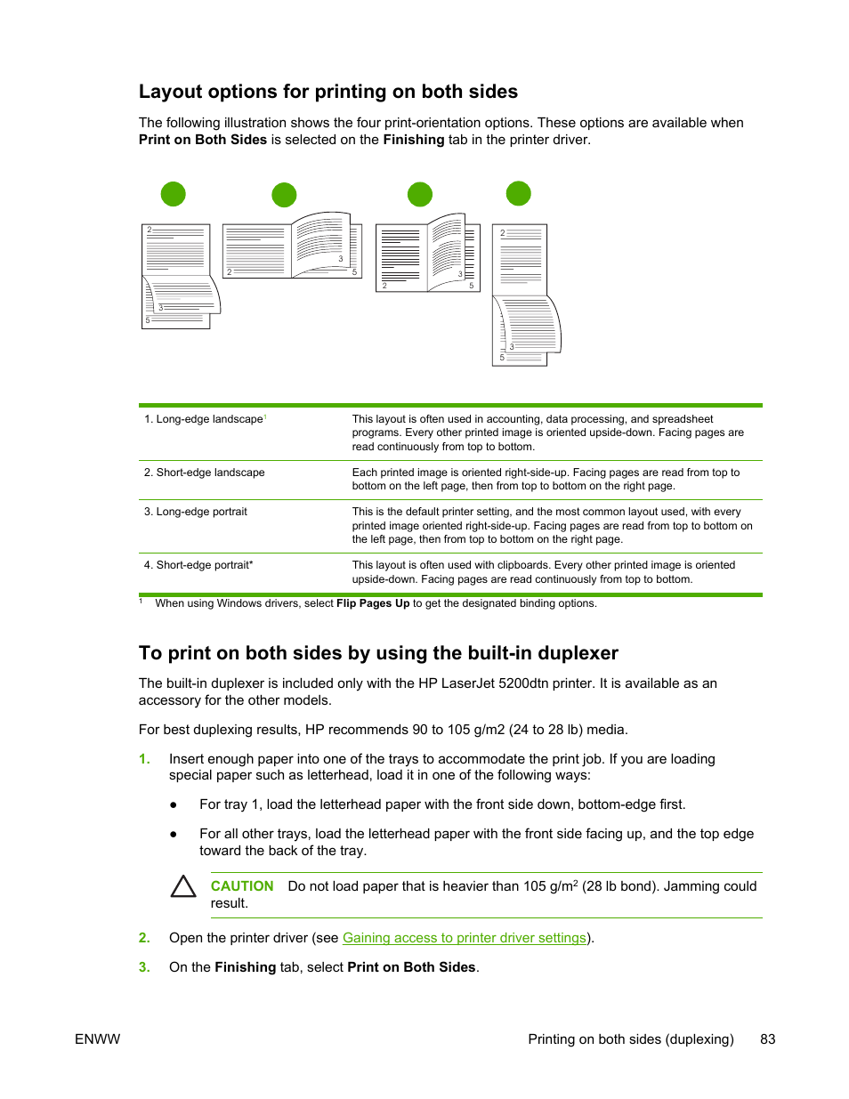 Layout options for printing on both sides | HP LaserJet 5200 Printer series User Manual | Page 97 / 248