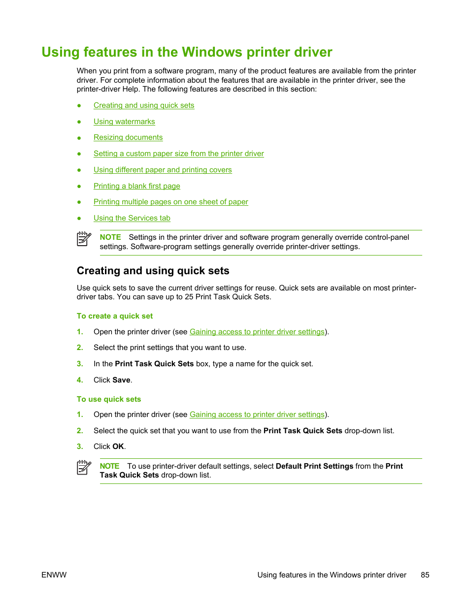 Using features in the windows printer driver, Creating and using quick sets | HP LaserJet 5200 Printer series User Manual | Page 99 / 248