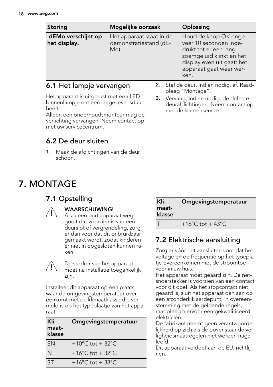 Montage, 1 het lampje vervangen, 2 de deur sluiten | 1 opstelling, 2 elektrische aansluiting | AEG SKZ81240F0 User Manual | Page 18 / 84