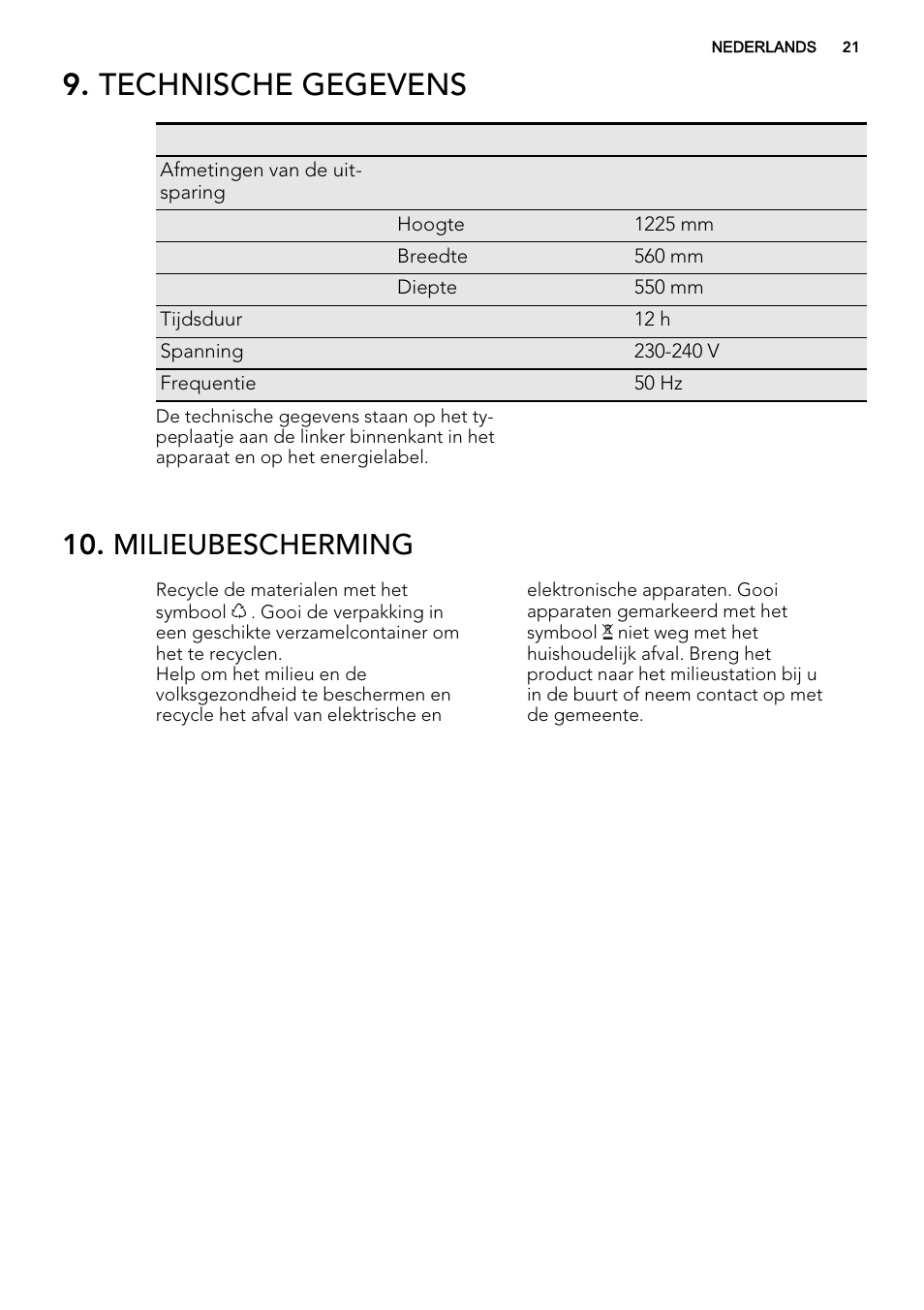 Technische gegevens, Milieubescherming | AEG SKZ81240F0 User Manual | Page 21 / 84