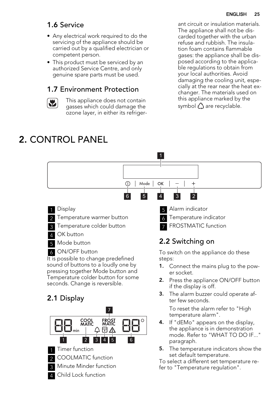 Control panel, 6 service, 7 environment protection | 1 display, 2 switching on | AEG SKZ81240F0 User Manual | Page 25 / 84