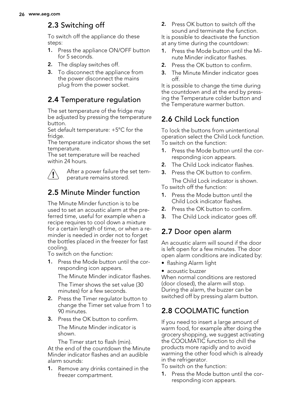 3 switching off, 4 temperature regulation, 5 minute minder function | 6 child lock function, 7 door open alarm, 8 coolmatic function | AEG SKZ81240F0 User Manual | Page 26 / 84
