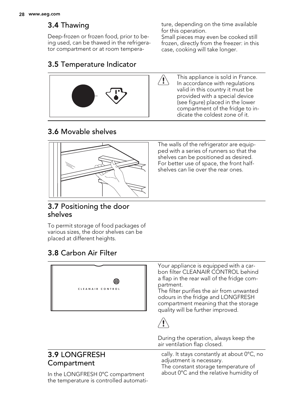 4 thawing, 5 temperature indicator, 6 movable shelves | 7 positioning the door shelves, 8 carbon air filter, 9 longfresh compartment | AEG SKZ81240F0 User Manual | Page 28 / 84