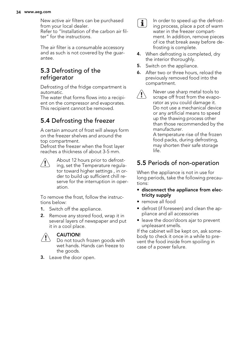3 defrosting of the refrigerator, 4 defrosting the freezer, 5 periods of non-operation | AEG SKZ81240F0 User Manual | Page 34 / 84