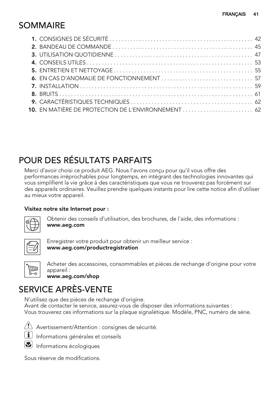 Sommaire, Pour des résultats parfaits, Service après-vente | AEG SKZ81240F0 User Manual | Page 41 / 84