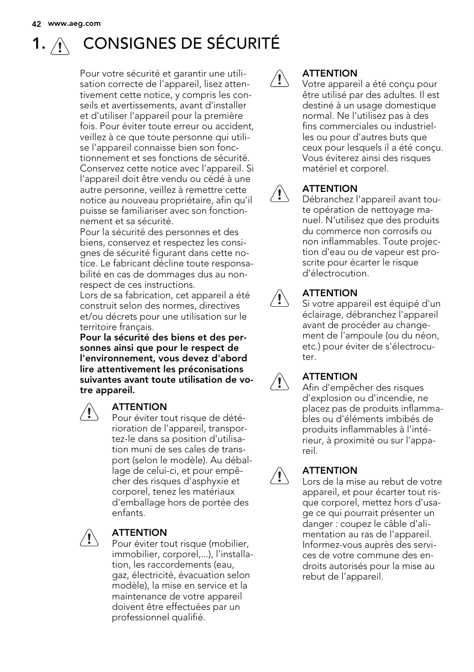 Consignes de sécurité | AEG SKZ81240F0 User Manual | Page 42 / 84
