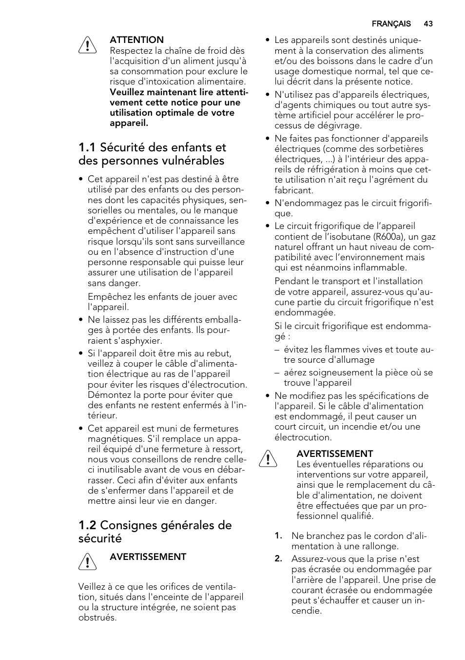 2 consignes générales de sécurité | AEG SKZ81240F0 User Manual | Page 43 / 84