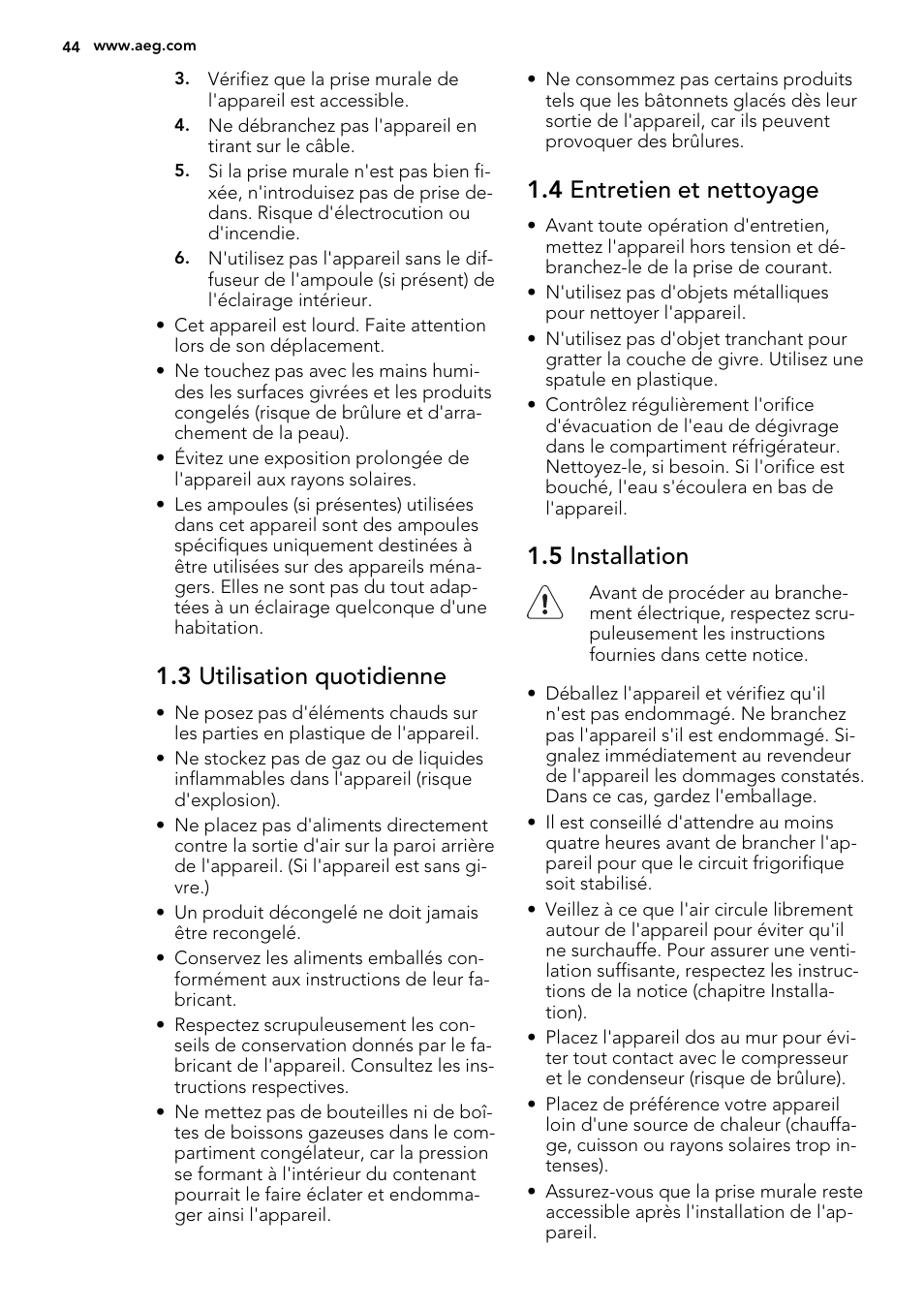 3 utilisation quotidienne, 4 entretien et nettoyage, 5 installation | AEG SKZ81240F0 User Manual | Page 44 / 84