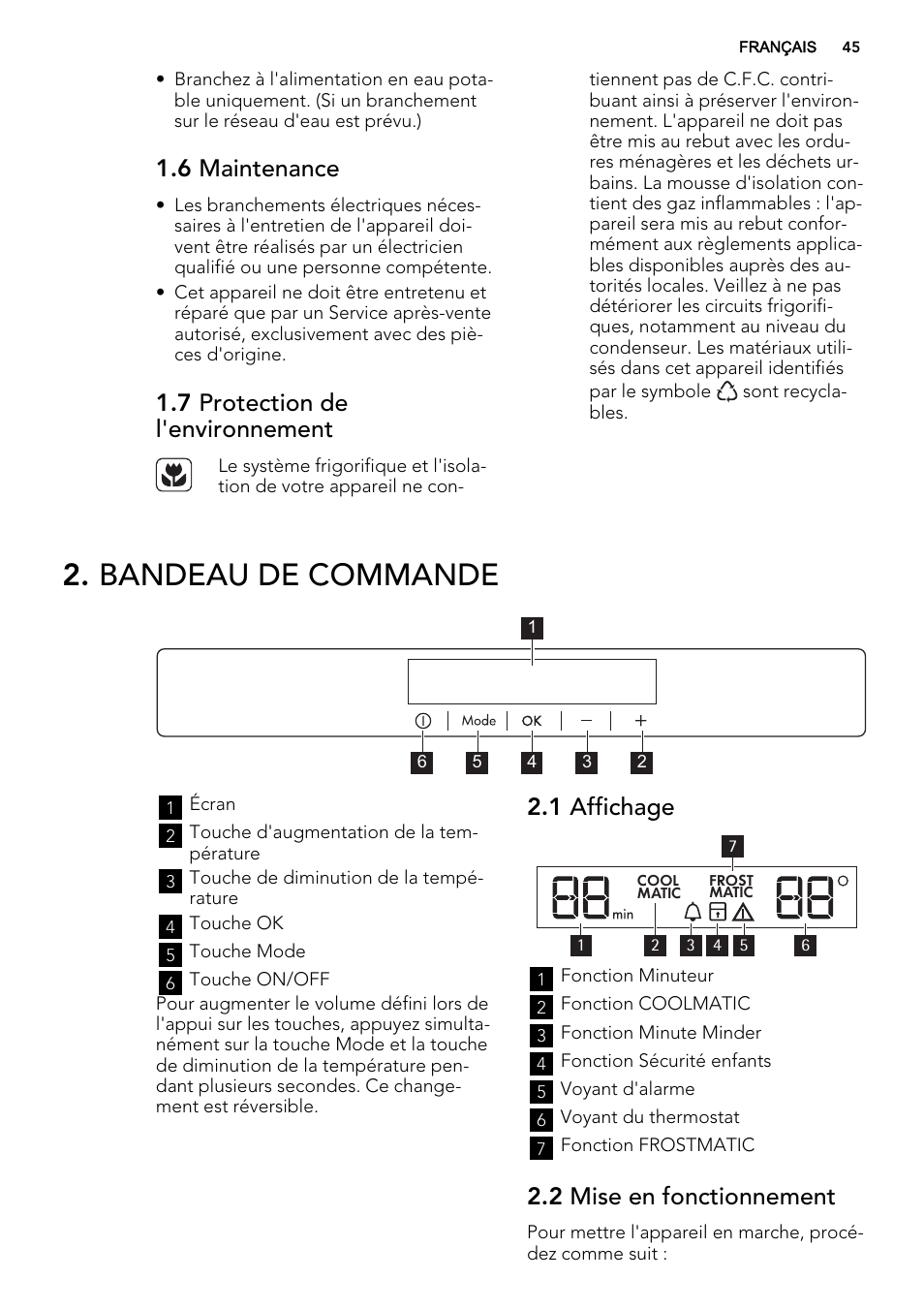 Bandeau de commande, 6 maintenance, 7 protection de l'environnement | 1 affichage, 2 mise en fonctionnement | AEG SKZ81240F0 User Manual | Page 45 / 84