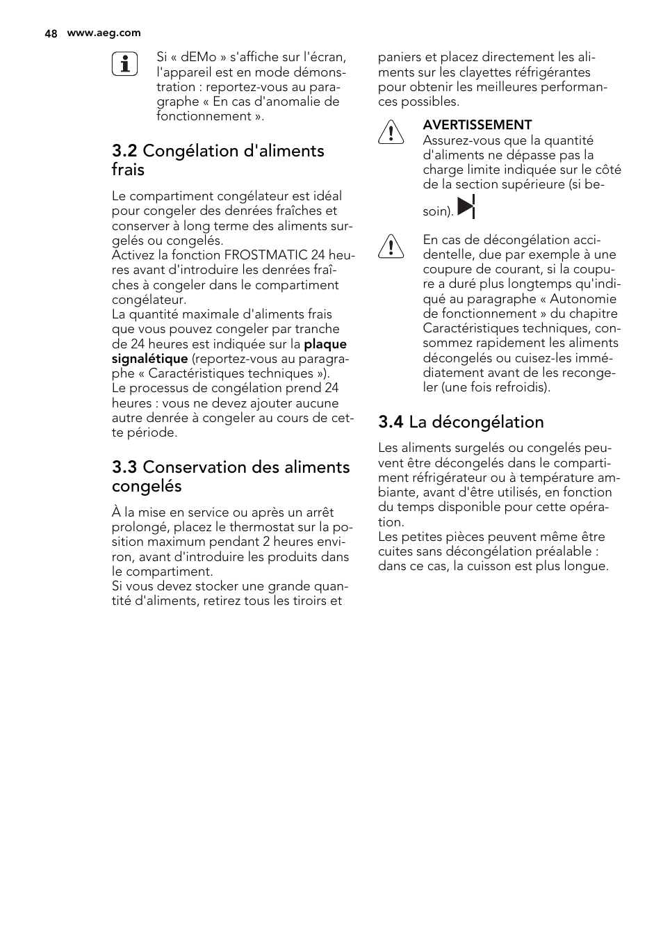 2 congélation d'aliments frais, 3 conservation des aliments congelés, 4 la décongélation | AEG SKZ81240F0 User Manual | Page 48 / 84