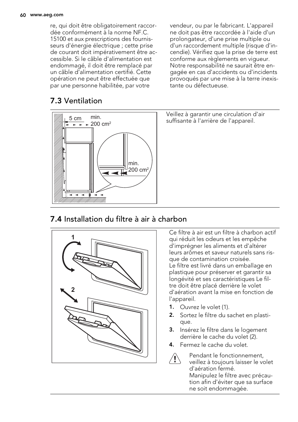3 ventilation, 4 installation du filtre à air à charbon | AEG SKZ81240F0 User Manual | Page 60 / 84
