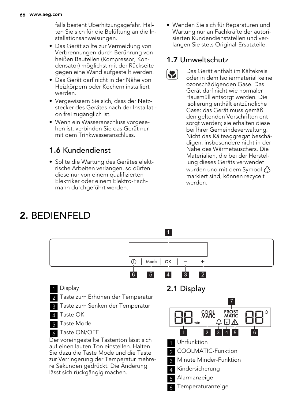 Bedienfeld, 6 kundendienst, 7 umweltschutz | 1 display | AEG SKZ81240F0 User Manual | Page 66 / 84