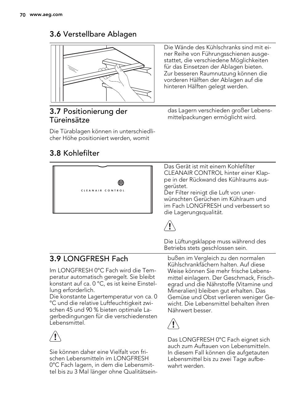 6 verstellbare ablagen, 7 positionierung der türeinsätze, 8 kohlefilter | 9 longfresh fach | AEG SKZ81240F0 User Manual | Page 70 / 84