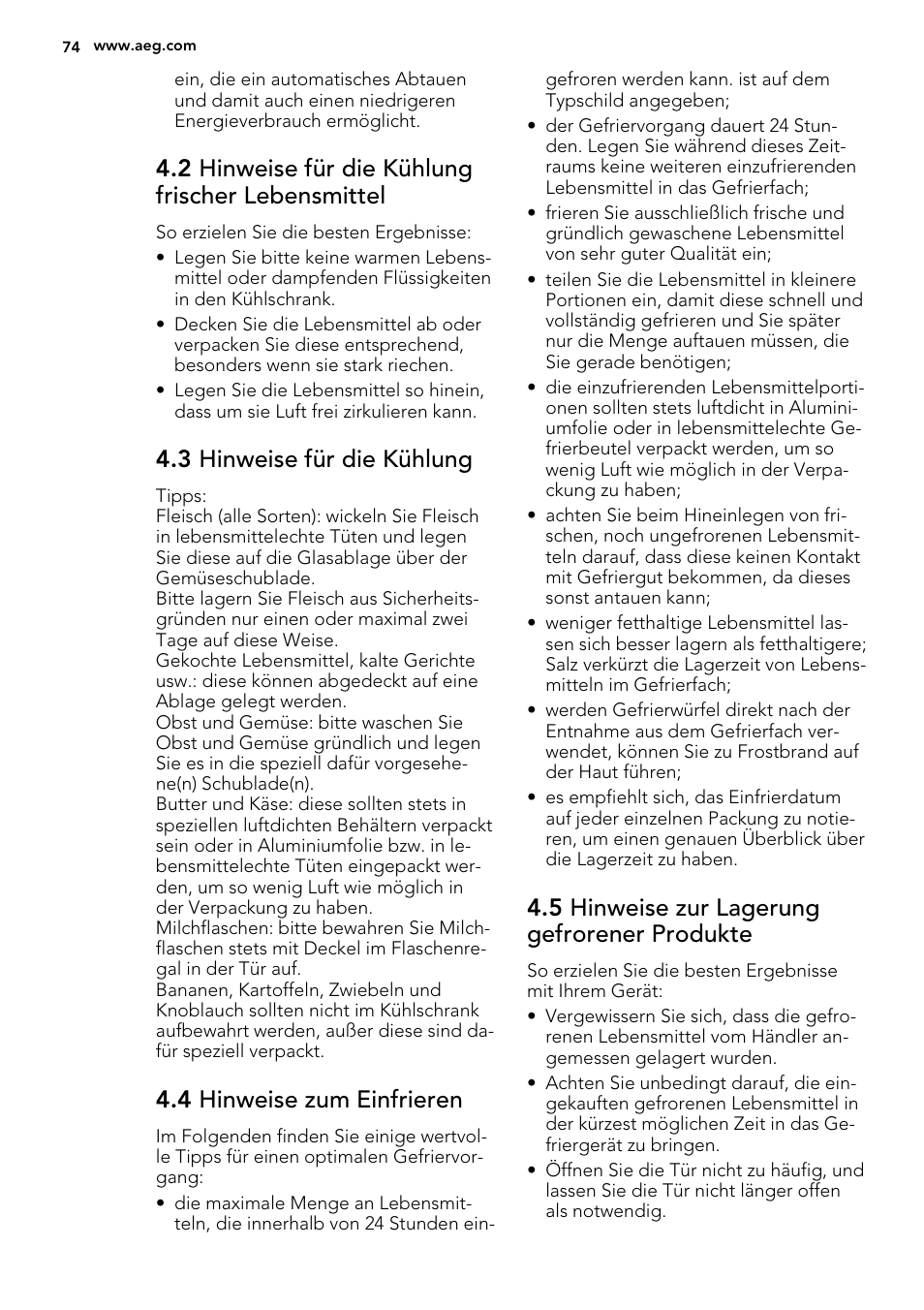 2 hinweise für die kühlung frischer lebensmittel, 3 hinweise für die kühlung, 4 hinweise zum einfrieren | 5 hinweise zur lagerung gefrorener produkte | AEG SKZ81240F0 User Manual | Page 74 / 84