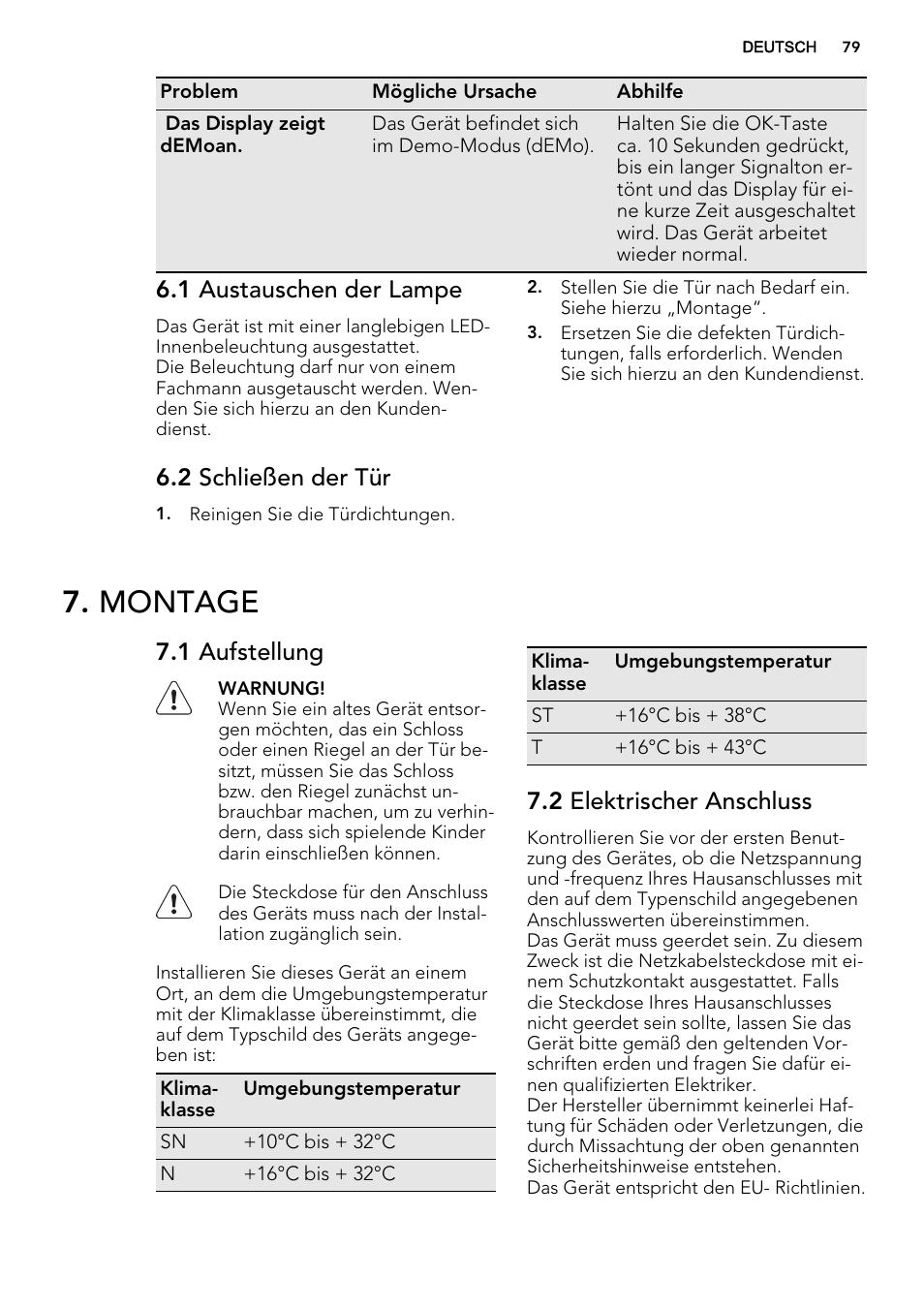 Montage, 1 austauschen der lampe, 2 schließen der tür | 1 aufstellung, 2 elektrischer anschluss | AEG SKZ81240F0 User Manual | Page 79 / 84