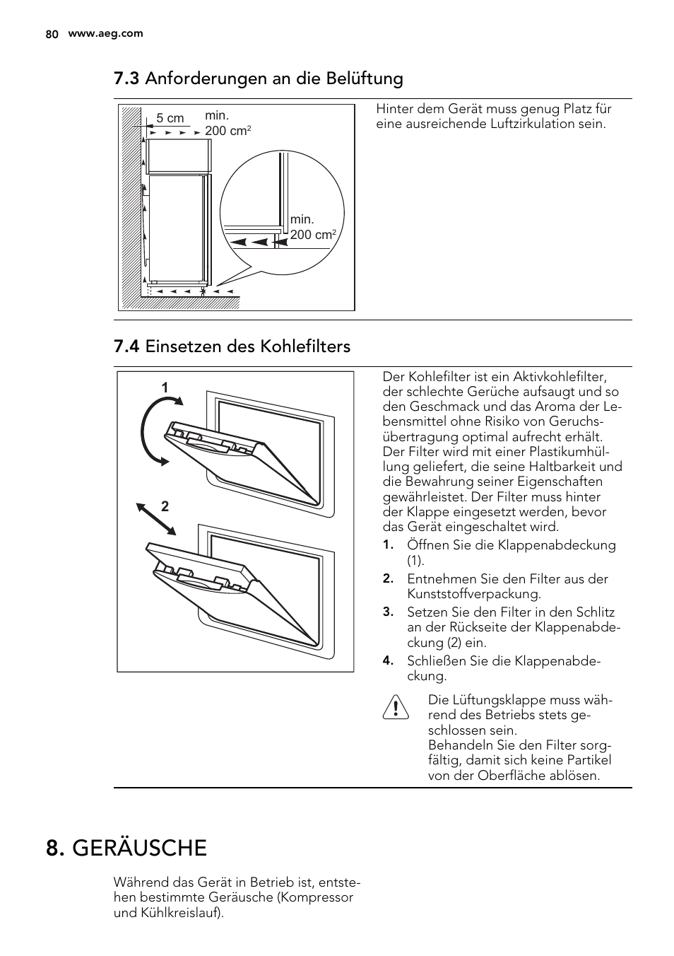 Geräusche, 3 anforderungen an die belüftung, 4 einsetzen des kohlefilters | AEG SKZ81240F0 User Manual | Page 80 / 84