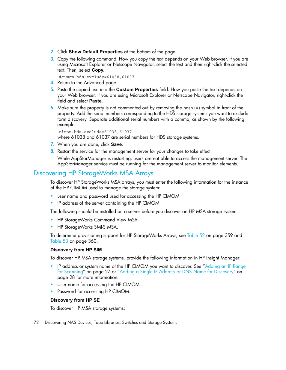 Discovering hp storageworks msa arrays, Discovery from hp sim discovery from hp se | HP Storage Essentials NAS Manager Software User Manual | Page 104 / 770