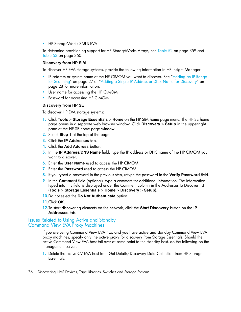 Discovery from hp sim discovery from hp se, Issues related to using active and standby, Command view eva proxy machines | Issues related to | HP Storage Essentials NAS Manager Software User Manual | Page 108 / 770