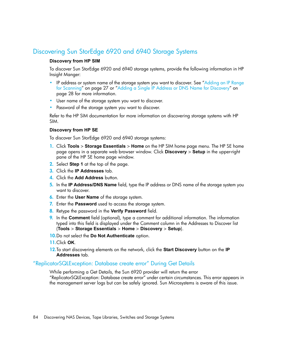 Discovery from hp sim discovery from hp se, Discovering sun storedge, 6920 and 6940 storage systems | HP Storage Essentials NAS Manager Software User Manual | Page 116 / 770