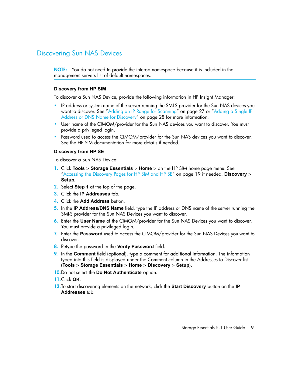 Discovering sun nas devices, Discovery from hp sim discovery from hp se, Discovering sun nas | Devices | HP Storage Essentials NAS Manager Software User Manual | Page 123 / 770