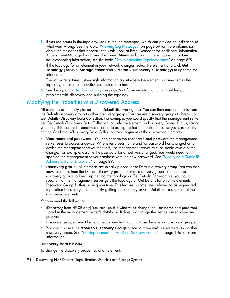 Modifying the properties of a discovered address, Discovery from hp sim | HP Storage Essentials NAS Manager Software User Manual | Page 126 / 770