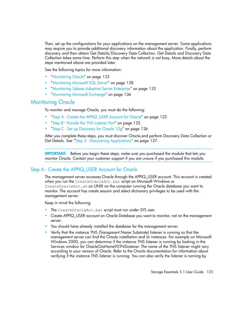 Monitoring oracle, Step a - create the appiq_user account for oracle | HP Storage Essentials NAS Manager Software User Manual | Page 155 / 770