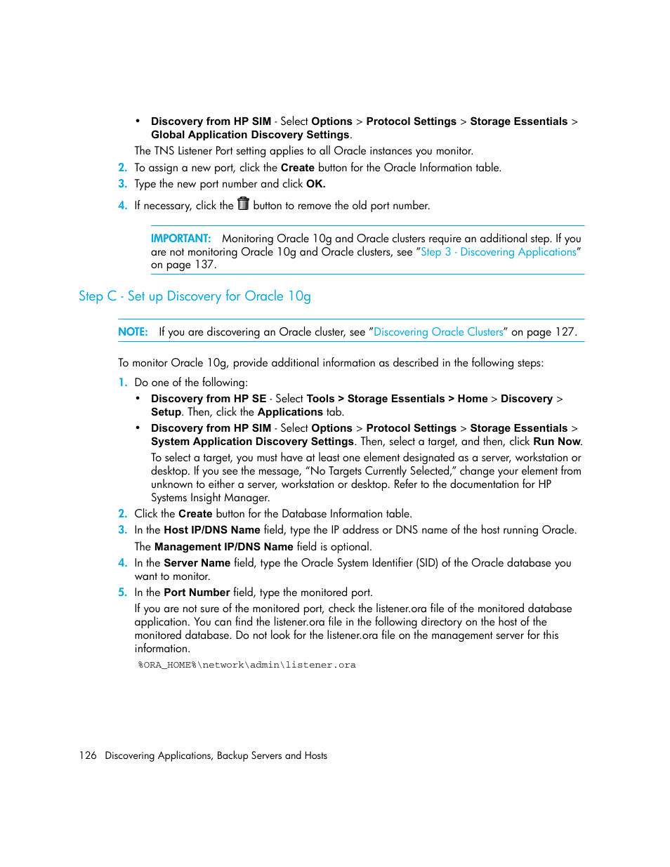 Step c - set up discovery for oracle 10g | HP Storage Essentials NAS Manager Software User Manual | Page 158 / 770