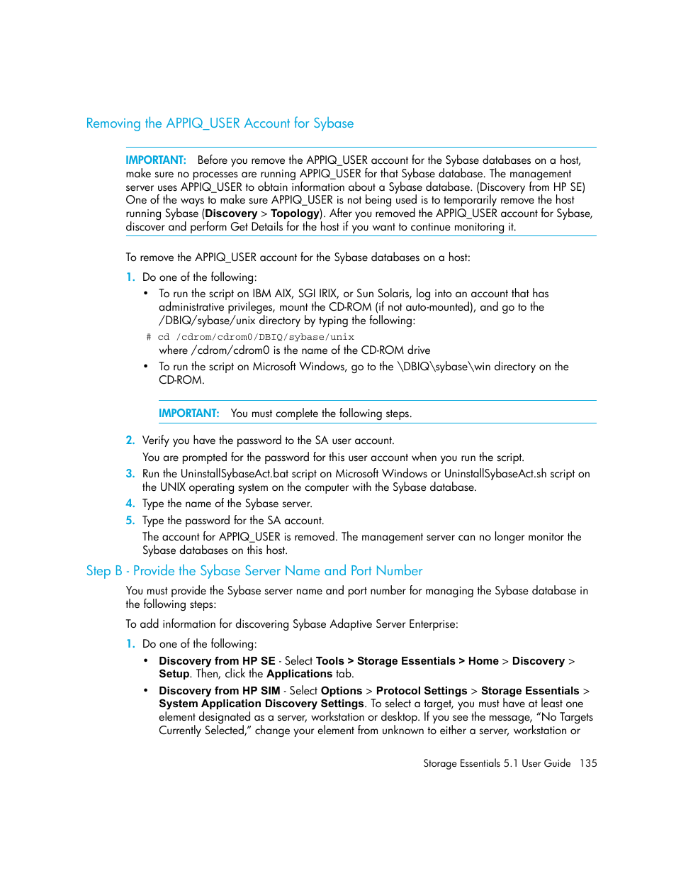 Removing the appiq_user account for sybase | HP Storage Essentials NAS Manager Software User Manual | Page 167 / 770