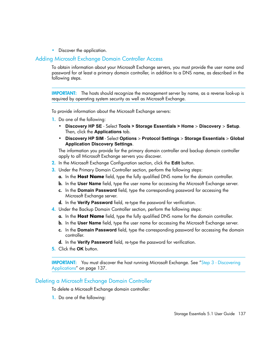 Adding microsoft exchange domain controller access, Deleting a microsoft exchange domain controller | HP Storage Essentials NAS Manager Software User Manual | Page 169 / 770