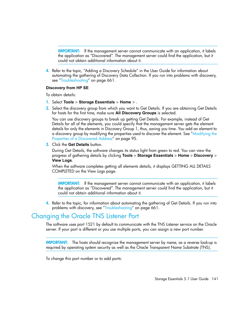 Discovery from hp se, Changing the oracle tns listener port | HP Storage Essentials NAS Manager Software User Manual | Page 173 / 770