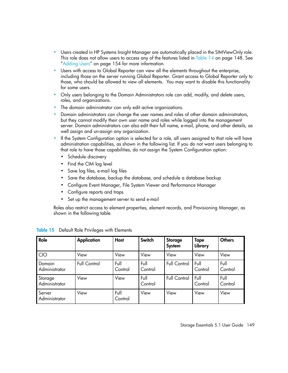 15 default role privileges with elements | HP Storage Essentials NAS Manager Software User Manual | Page 181 / 770